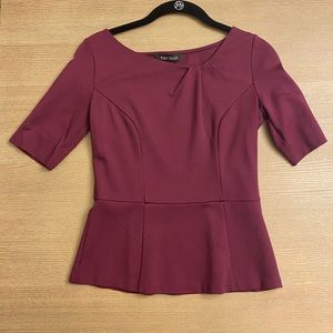 White House Black Market maroon top, Size 2, side zip, angled neck.
